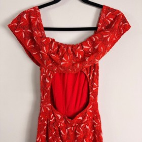 Nightcap Clothing Red Lace Crochet Wide Leg Jumpsuit Open Back Ruffle XS
