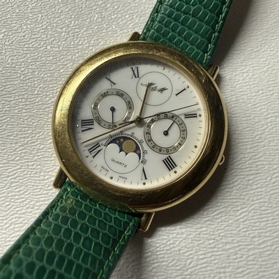 VINTAGE M&M Ladies' Moon Phase Watch Swiss Made Quartz Green Gold - Running