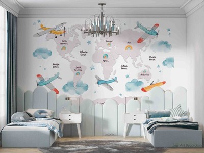 3D Cartoon World Map Wallpaper Wall Mural Removable Self-adhesive 163