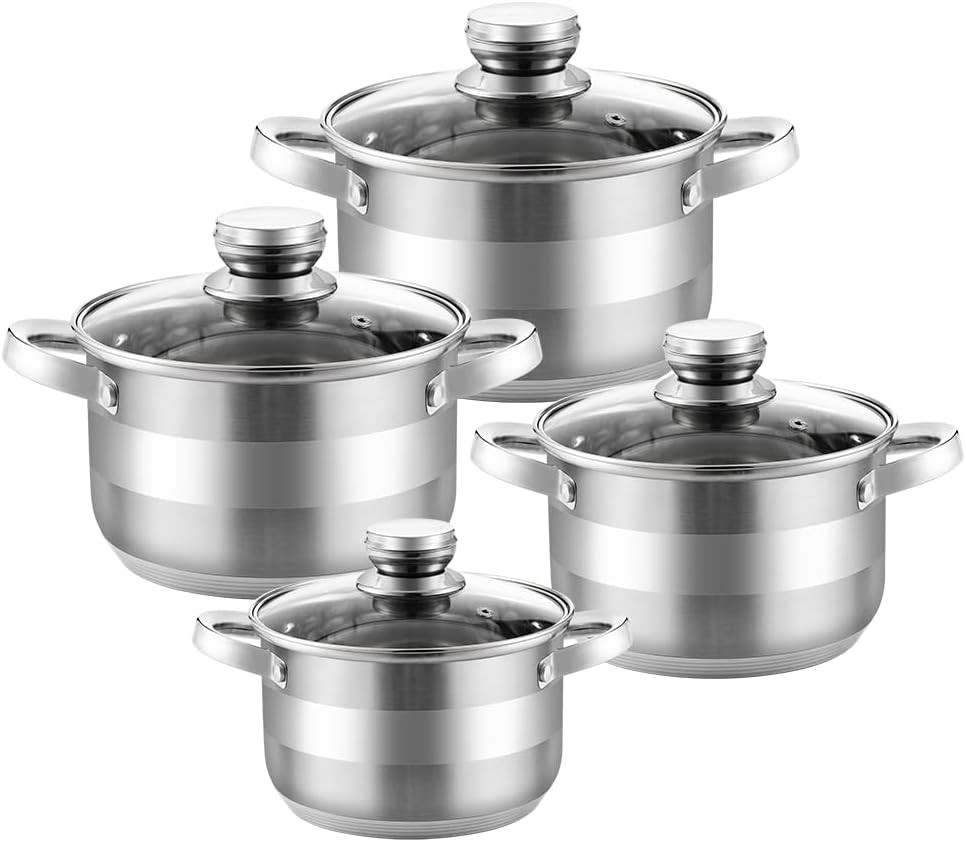Stainless Steel 4-Piece Cooking Pot Set with Glass Lid Stock Small Silver