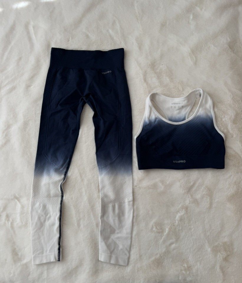USA Pro Gym Set Sports Bra & Leggings Ombré Blue & White Women’s Size UK 8