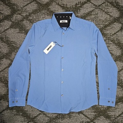 NWT DKNY Shirt Mens Cloud Blue Button Long Sleeve Shirt Stretch UPF30 Size Small