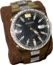 Bulova Crystal Black Dial Two Tone Steel Strap Watch For Men - 98B235