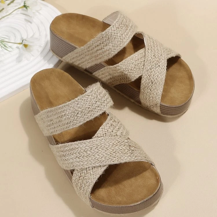Damen Plateau Sandalen Gewebt Kreuzgurt Sommer Pantoletten Strand Schuhe Keilsan - Bild 1 von 2