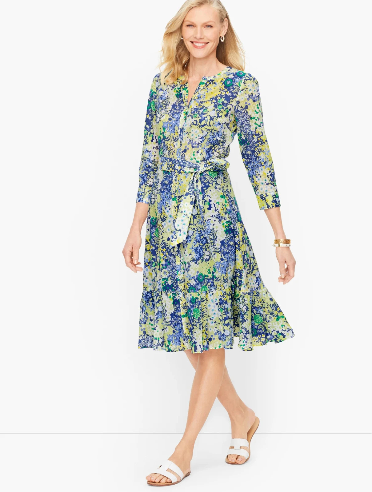 Talbots Cotton Tie Waist Floral Midi Dress Womens 6 Butterfly Garden Ruffle Hem