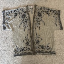 Johnny Was Sheer Embroidered Kimono M Gray Cupro Flowered Trim Cardigan Open