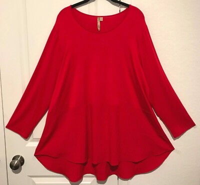 NWOT Comfy USA Tunic 1X Red Modal w/ Crepe Contrast Tier & Asym High/Low Hemline