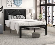 Metal Bed Frame with Geometric Litchi Grain Leather Headboard, Black
