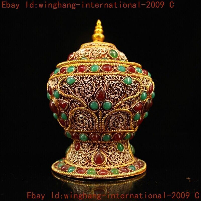 CD 「手水(ちょうず)」 old Tibet silver filigree inlay gem Buddhist bone relic Zun