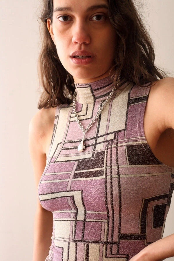 Top Orsay Estilo Años 70 Ropa de Club Fiesta Glamour Disco Y2K Brillo Geométrico Foto 3 de 4