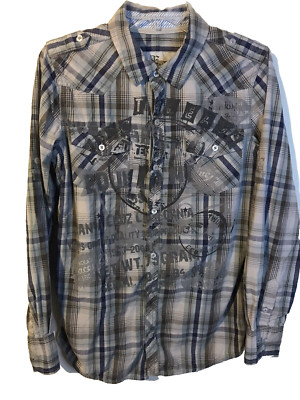 Epic Threads Button Up Shirt Women's XL Gray/Navy Western Style Roll Tab Sleeves