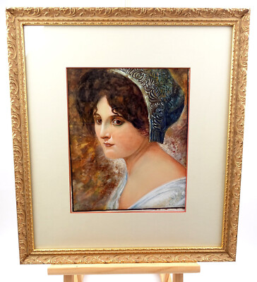 Jugendstil Portraet Frau Gouache 1910 signiert wohl Willy Helwig im Goldrahmen