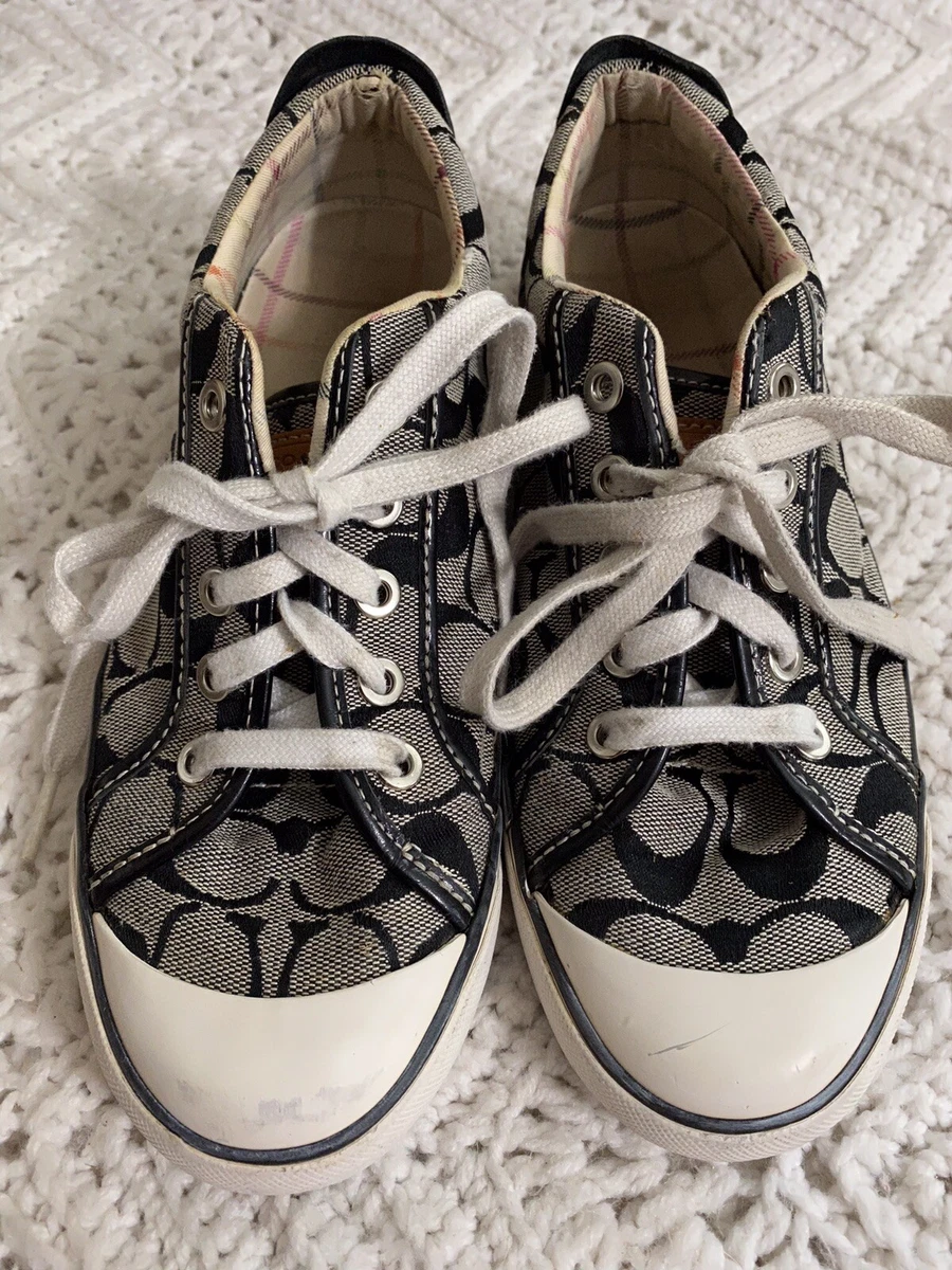 Coach Sneakers Barrett Women's Size 7.5 Black White Lace Up Cap Toe Leather  Logo