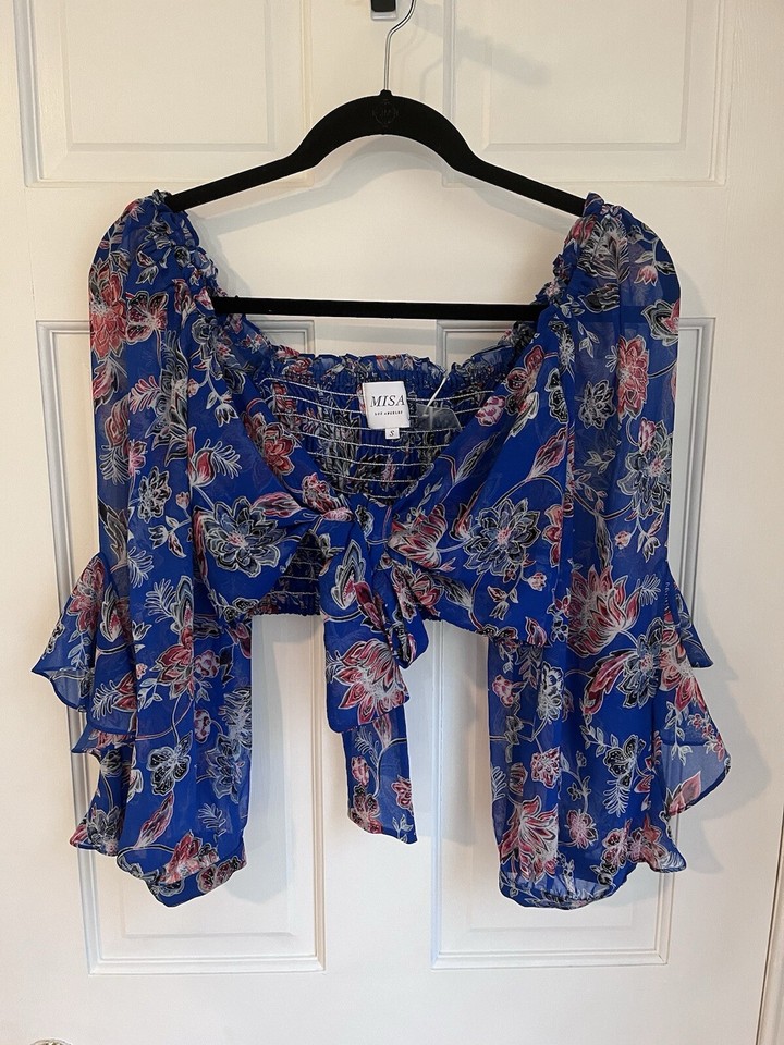MISA Los Angeles Womens Blue Floral VNeck Smocked Tie Crop Blouse Top