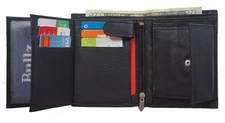 Men's European Cowhide Black Leather Trifold Wallet 3 ID,8 Slots, Change Pocket