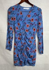 ASTR The Label Dress Womens XS Ruched Blue Floral Mini Bodycon Long Sleeve