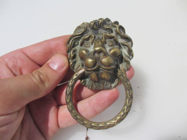 Antique Brass Lion Head Loop Handle Pull Old Hardware Drawer Tie Cupboard Husks