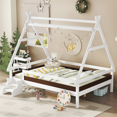 Full Size House Platform Bed w/Stairs Solid Wood Low Profile for Childlike,White
