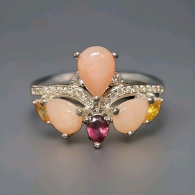 Natürlicher rosa Opal, Rhodolith & Saphir 925 Sterlingsilber Ringgröße 7 1451