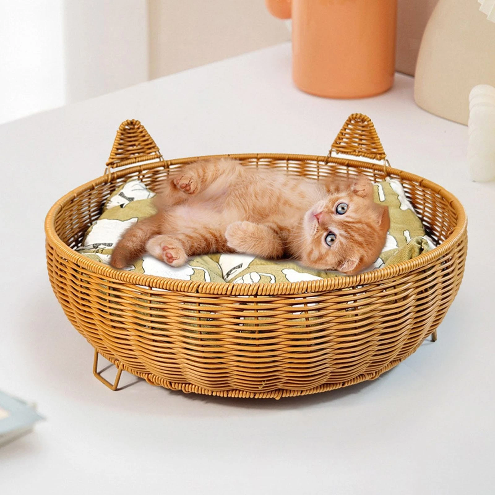 Hand Woven Cat Basket Bed for All Seasons Small Dogs Sofa Kitten Shaped House