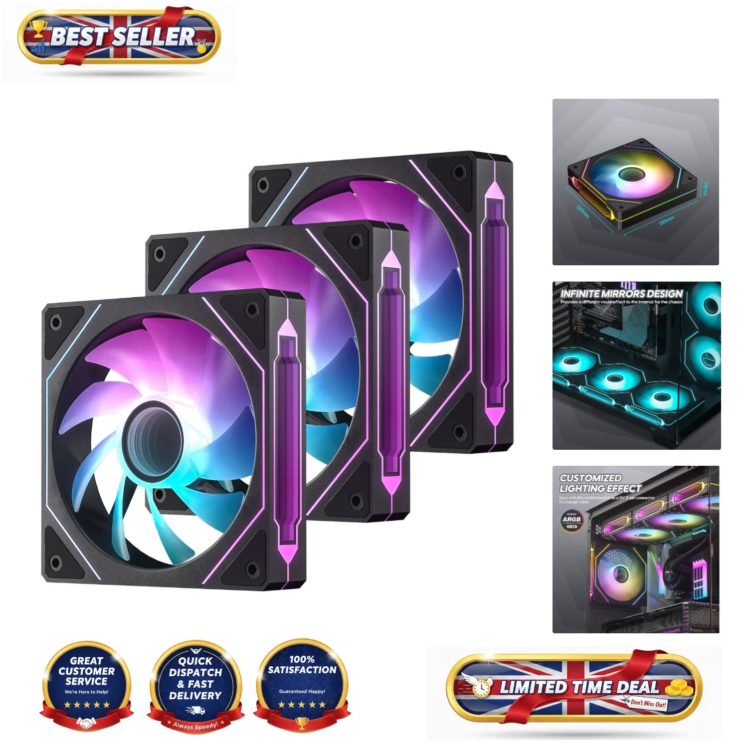 120mm ARGB Fan 3-Pack with Silent Operation and PWM Control for Optimal Airflow