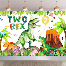Two Rex Birthday Backdrop Banner for Boys Dinosaur 2Nd Bday Decorations Jungle T