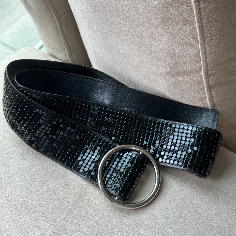 Whiting & Davis Style Belt Black Metal Mesh & Leather Silver Buckle DISCO 70's - Image 3 of 4