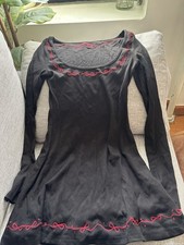 Cider Black Ribbed Knit Embroidered Long Sleeve Short A-Line Dress XXS