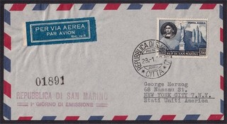 San Marino 1952 Christopher Columbus 200L Top Value Airmail FDC. Cat £45