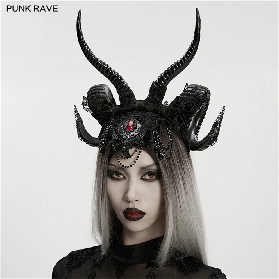 Punk Rave Mujeres Negro Gótico Steampunk Sombrero Fiesta Demonio Cuerno Encaje Velo  Foto 2 de 4