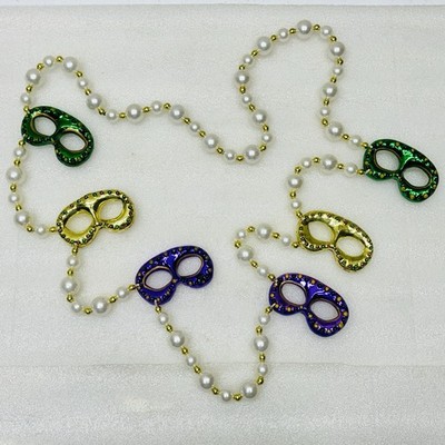 Mardi Gras Beads Faux White Pearls w/ Masks Stations 24'' Long Party Favor   EX 