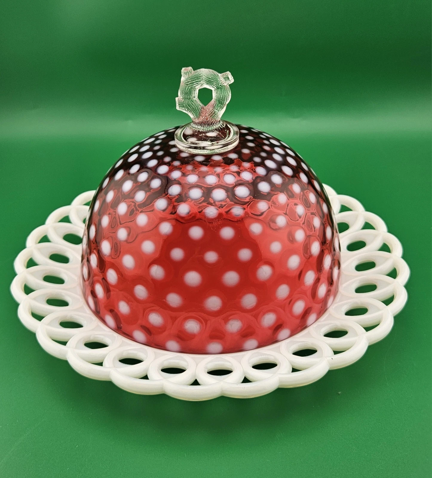 Fenton Cranberry Opalescent Polka Dot Butter Dish With Milkglass Bottom Plate