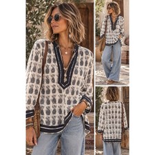 Tory Burch Size 6 Pineapple Print Cotton Tunic Blouse – Black & White Boho