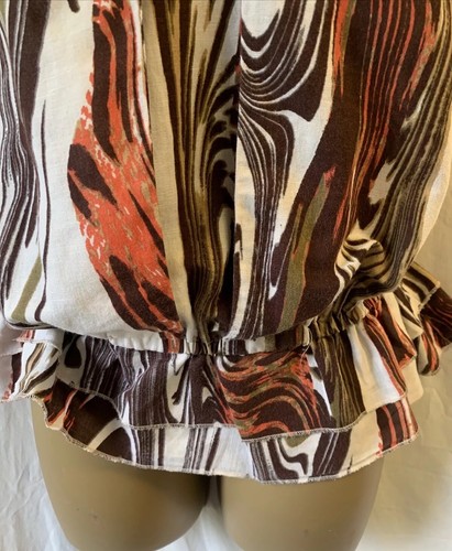LINEN COTTON BROWN MIX SAFARI MARBLE LARGE ELASTICATED RUFFLE BLOUSE SUMMER TOP - Picture 6 of 13