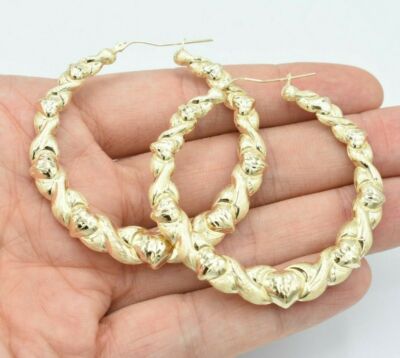2 1/4'' strukturierte Satin abgestufte Herz Creolen echt 10K Gelbgold