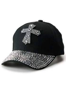 Top Headwear Studded Rhinestones Cross Adjustable Black Baseball Cap, Gift
