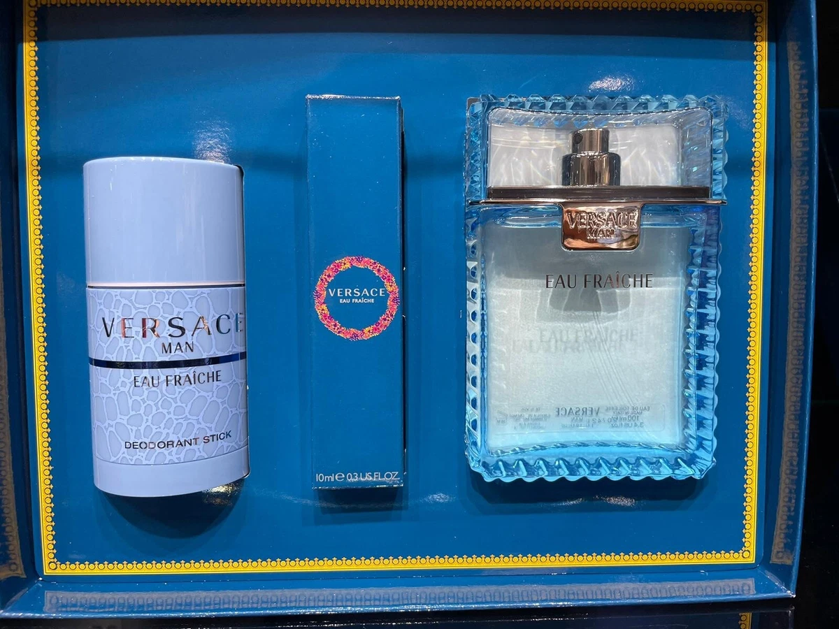 VERSACE EAU FRAICHE 3 pc Set Cologne for Men 3.4 oz EDT Spray + DEODORANT +  Mini