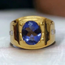 Blue Sapphire With 925 Sterling Silver Gold Plated Ring For Men's #AL405