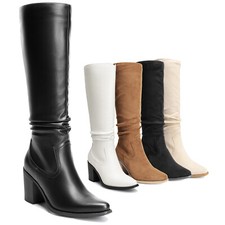 Women Knee-High Boots Chunky Block Heel Pointed Toe Pull On Suede Riding Boots