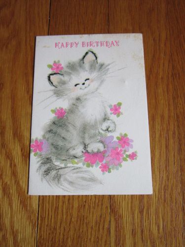 Vintage USED Birthday Card Gray Cat Kitten Hallmark Sweet Kitty 1960's ...