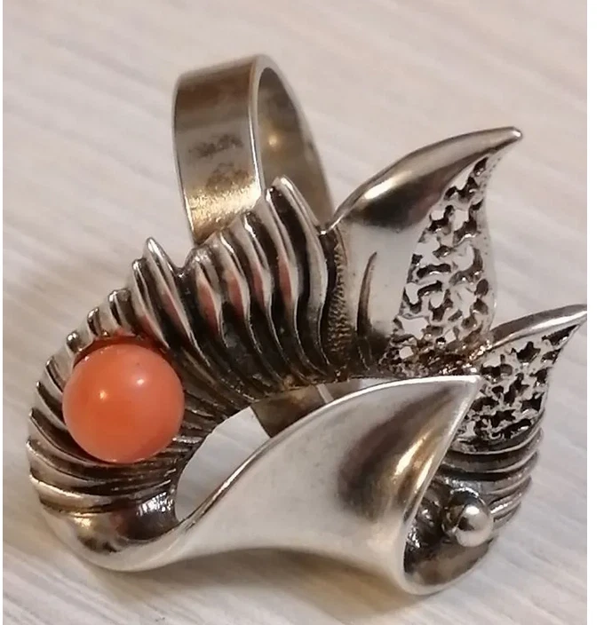 Vintage Estrella de Plata 925 Coral Natural Elegante Pluma 1975 Sverdlovsk Joyería Ideal Foto 4 de 4