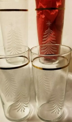 MCM collins Highball Etched Christmas Trees 4 Vtg Barware Glasses Gold Band - Picture 10 of 12