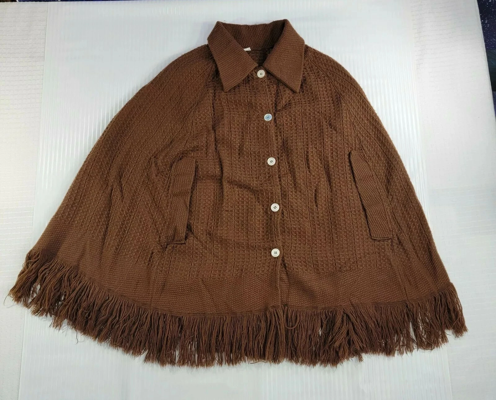 Woman's Brown 29" Long Shawl 5 Buttons With Fringe