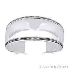 Polished & Ribbed Wide Open Cuff Bangle Bracelet Armband in .925 Sterling Silver