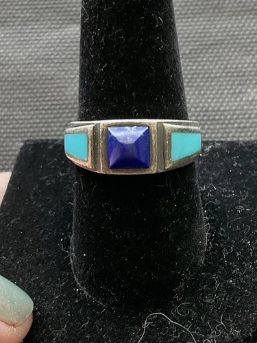 925 Sterling Silver Lapis & Turquoise Gemstone Ring Size 9 Vintage Estate