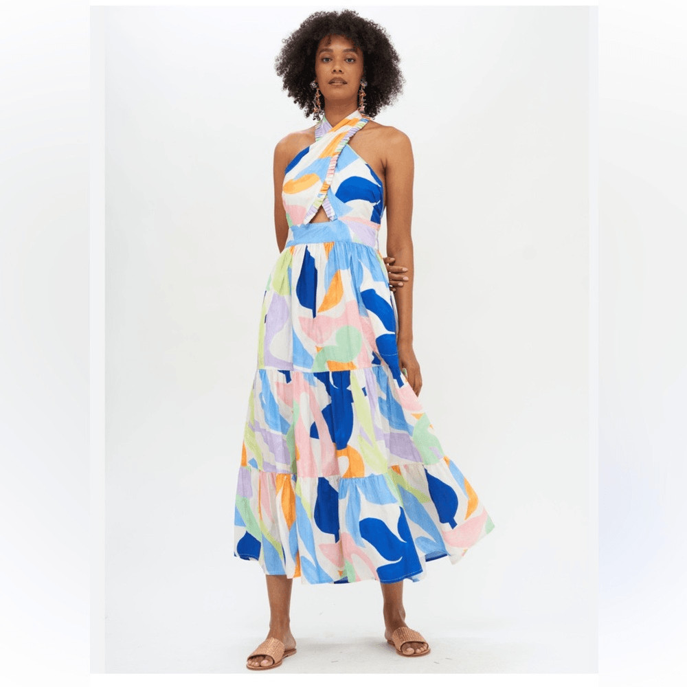 OLIPHANT $328 Cross Front Halter Maxi Dress Cotton Poplin Size Large