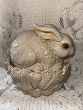 Bunny Rabbit in Garden Covered Bowl, Ceramic Bunny On Cabbage Nest Candy Dish