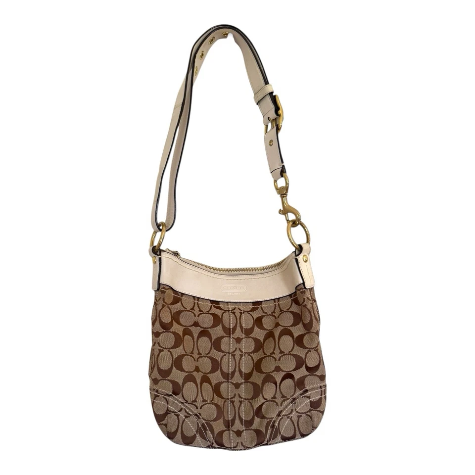 Bolso de Hombro COACH Signature Mediano de Lona, Caqui x Blanco, Cuero Logo Y2K Foto 3 de 4