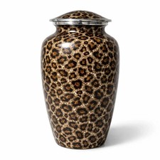 Leopard print cremation urn 10 inch with secure threaded lid 10 inch