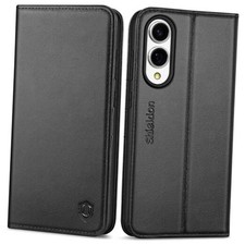 Wallet Case 6.7", Genuine Leather Folio Cover with for Galaxy S25 Edge Black